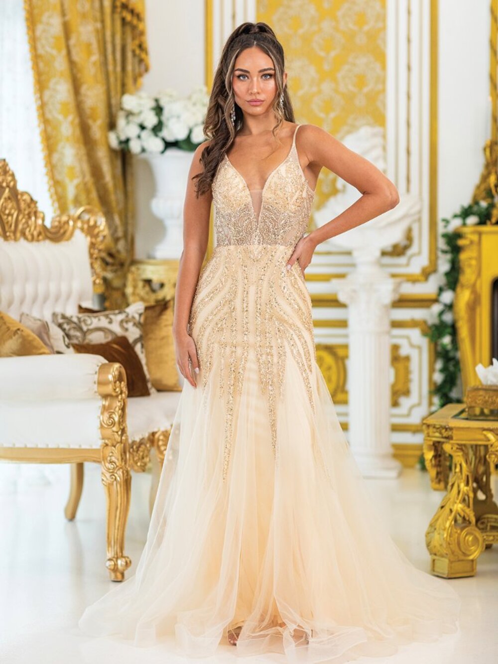 NEW CHAMPAGNE V-Neck Prom Gown Floor Length Formal Elegant Stunning 4488